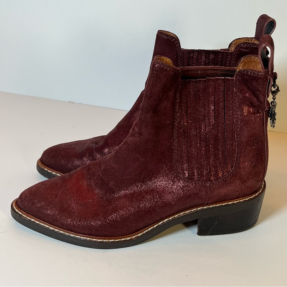 Coach Bowery Chelsea Boot Maroon Metallic Suede Western Leather Women’s Size 6 - Picture 1 of 12
